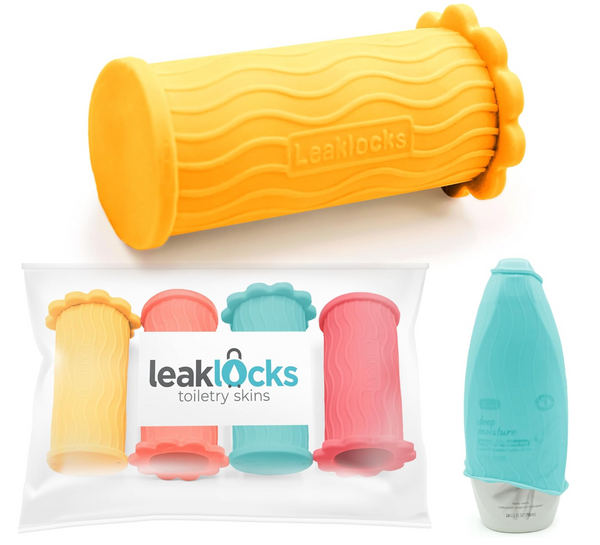 LeakLocks Toiletry Skins elastische hoes voor lekbestendige reiscontainer in bagage. voor standaard toiletartikelen en reisformaat. Herbruikbare accessoire voor reistas, koffer en handbagage, 4 stuks LeakLocks Toiletry Skins elastische hoes voor lekbestendige reiscontainer in bagage. voor standaard toiletartikelen en reisformaat. Herbruikbare accessoire voor reistas, koffer en handbagage, 4 stuks
